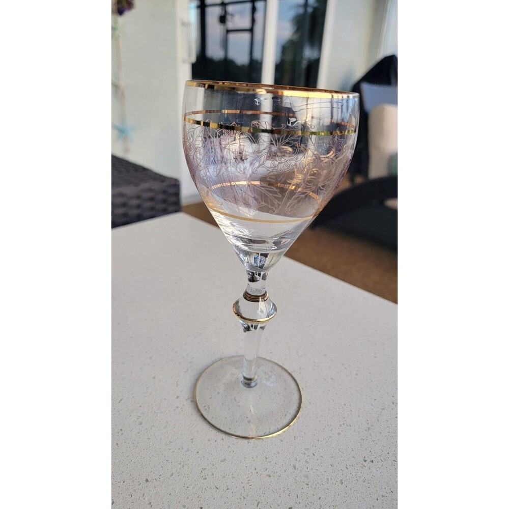 Vintage Crystal Wine Glasses Gold Etched & Banded Stemware Set/2 - Picture 7 of 13